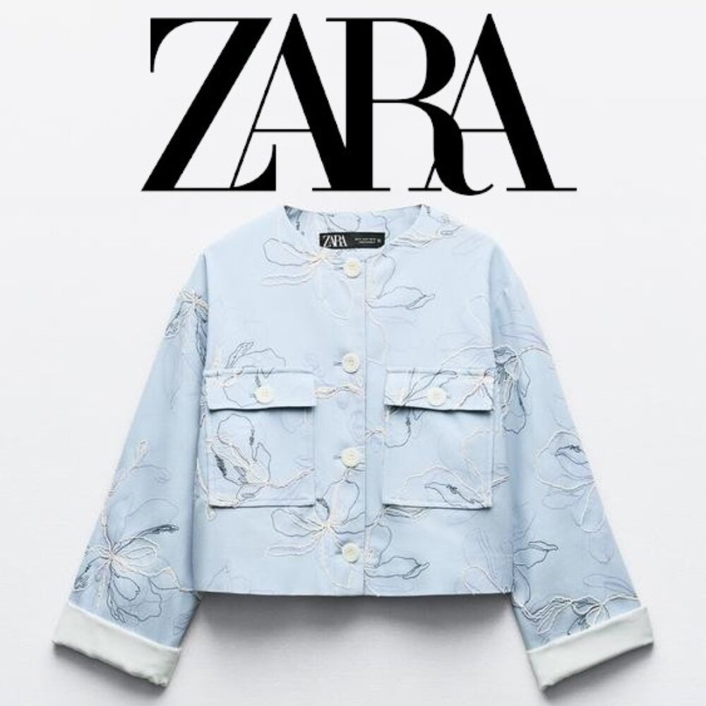 ZARA - Embroidered Round Neck Crop Jacket - L